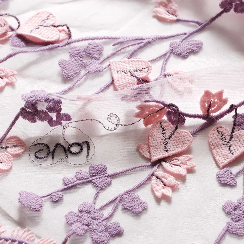 High quality Mesh pink love letter pattern embroidery thin lace fabric soft yarn cheongsam dress fabric 100*125cm
