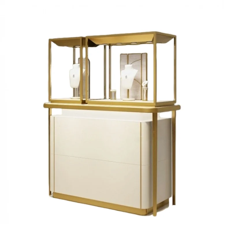 custom.2 Part Golden Stainless Steel White Storage Cabinet Jewellery Displays Jewelry Shop Display Stands