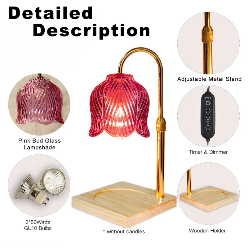 Height Adjustable Tulip Candle Warmer Lamp with Wooden Base, Glass Floral Candle Melter for Jar Candles & Wax Melts, Dimmable Candle Lamp for Home Decor Gift