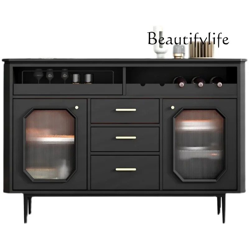 

Nordic Light Luxury Dining Side Wine Cabinet Integrated Modern Minimalist Black Retro Glass Door Tea Cabinet