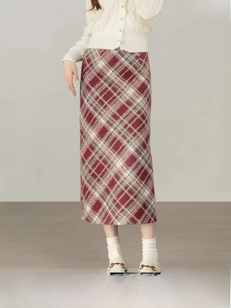 

Red Wool Blend A-Line Skirt Briti Sle Winter Warm Long Midi Skirt Ele Polyester Fiber Straight Tube Skirt Zipper Closure