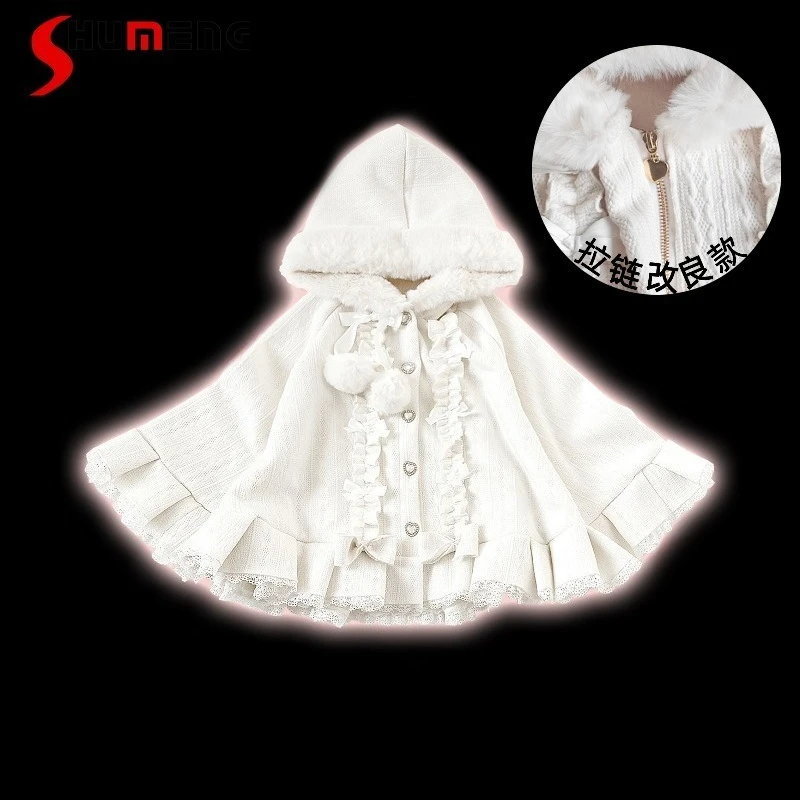 Soft Warm Cloak Coat Lolita Sweetheart Drill Mouth Hooded Fleece Short Cape Overcoat Y2k Sweet Zipper Ponchos Jacket Top Ladies
