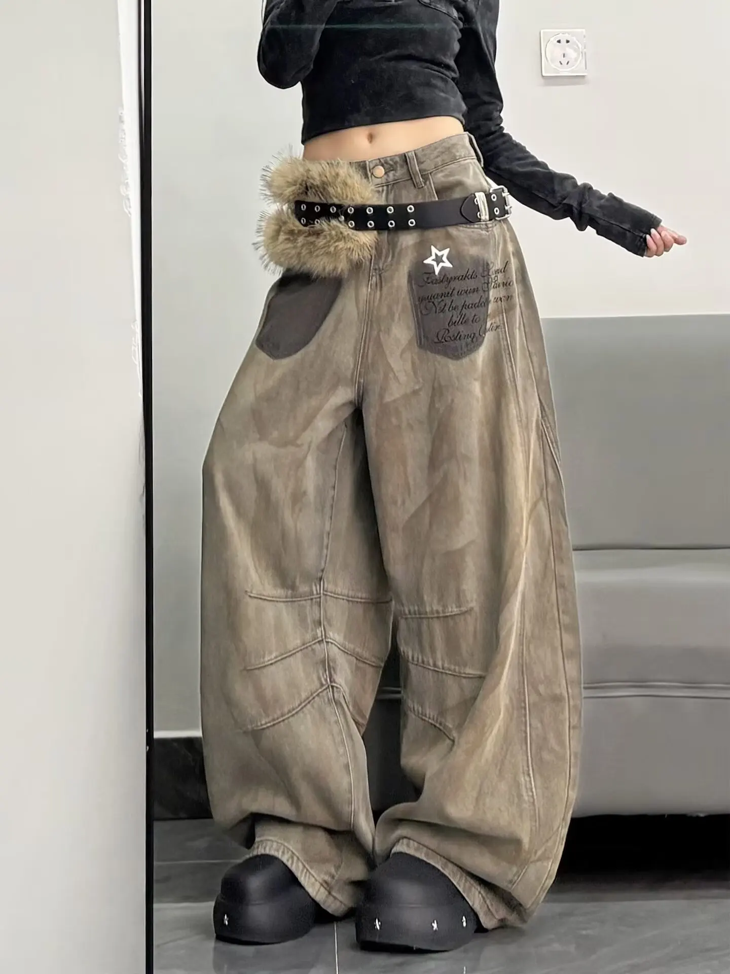 GG American Hip-Hop Street Dance Wide-Leg Jeans Women Autumn Retro 2000s Loose Casual Y2K Fashion Street High-Waist Jeans
