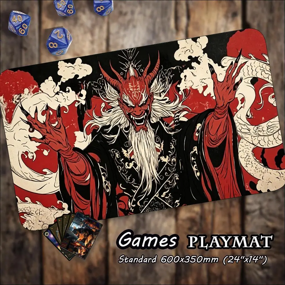 Oriental Red Oni Demon Myth Art Non‑Slip Rubber Game Playmat Smooth Table Mat For Tabletop Card Game Desktop Gaming Work Setup