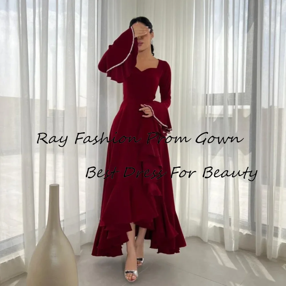 Charming A Line Cocktail Dress Sweetheart With Long Sleeves Tiered Ruffles With High Low Ankle Knee Length For Modern Party Gown