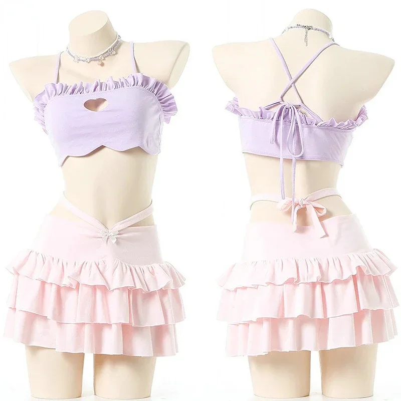 2024 Summer Sweet Girl Anime Cute Love Hollow Swimsuit Unifrom Cake Skirt Women Macaron Swimwear Outfits Costumes Cosplay