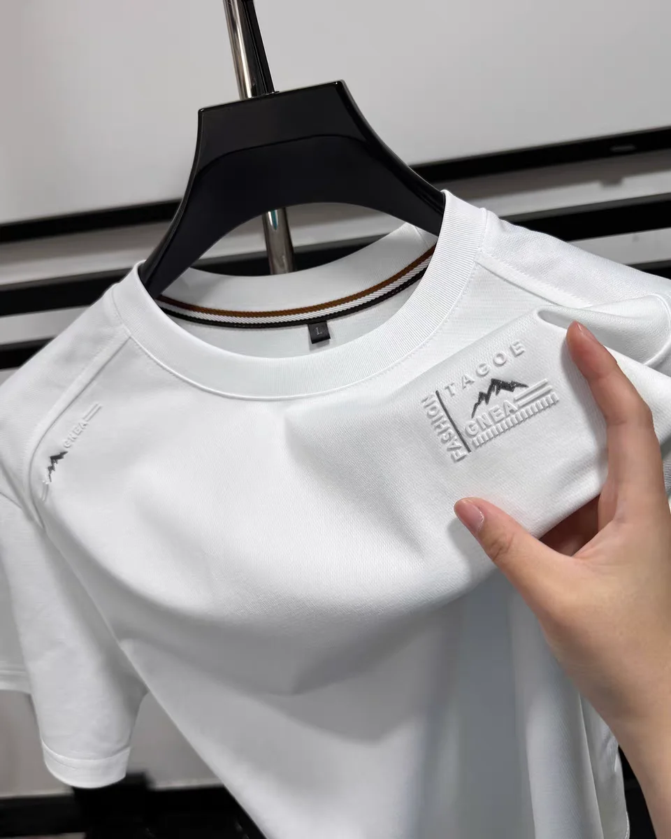 High end solid color short sleeve T-shirt summer mercerized cotton men‘s brand letter printed fashionable casual round neck top