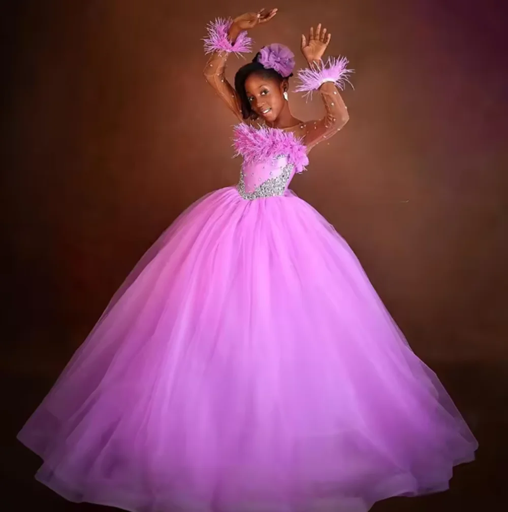 

Luxury Feather Flower Girl Dresses Customized Ball Gown Bead Little Girl Wedding Gowns Long Sleeve Communion Girls Pageant Dress