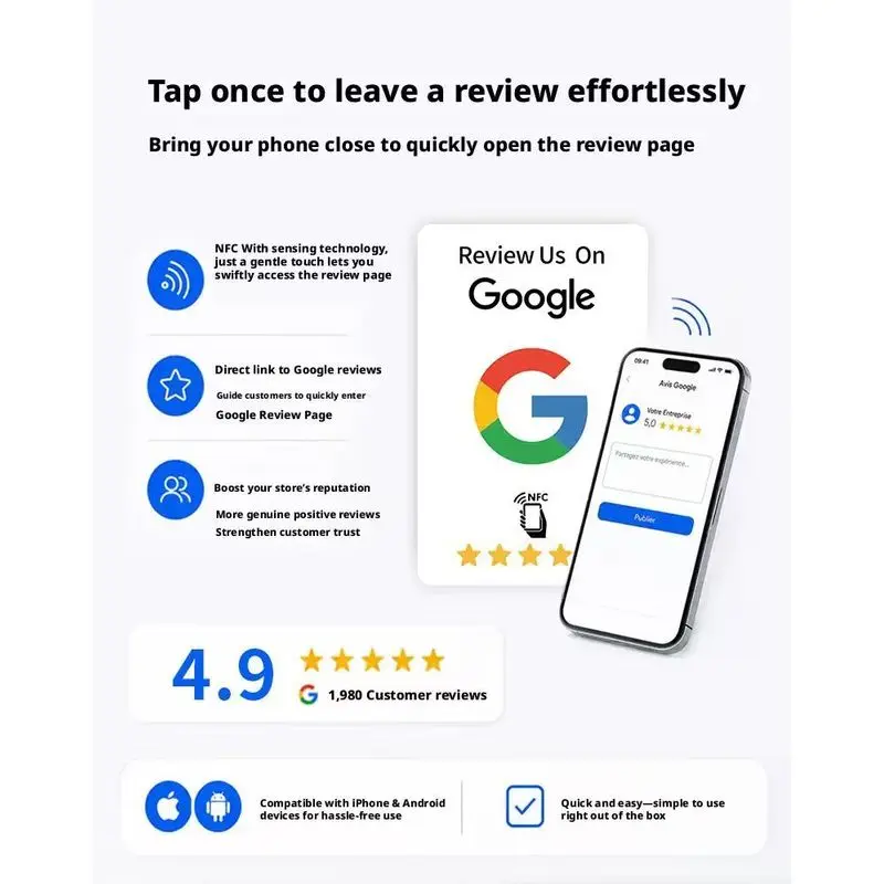 Google Review Tap NFC Card NTAG215 13.56MHz Reusable Programmable Tag Business Customer Review NFC Card Tap To Get Feedback