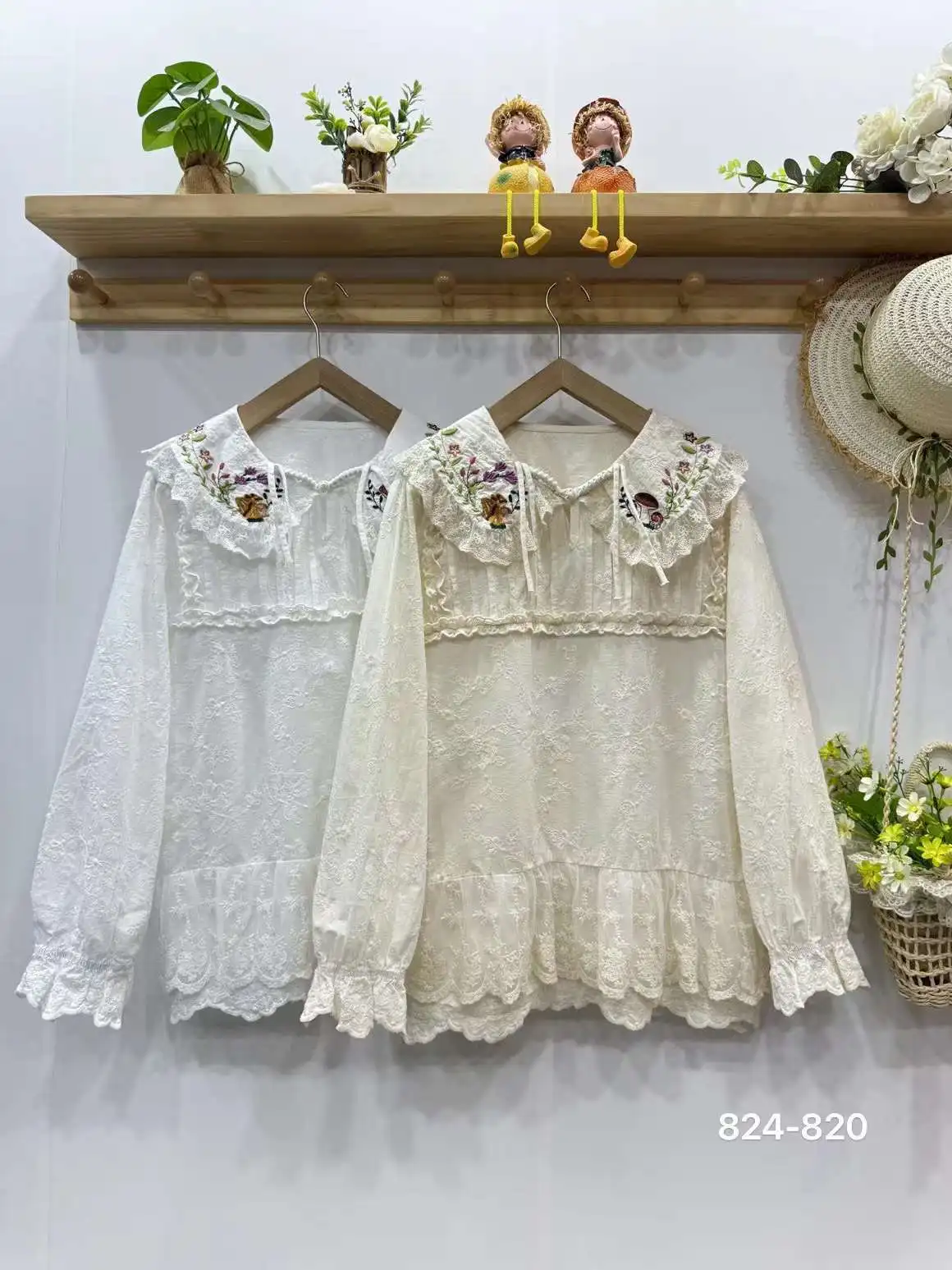 Mori girl sweet lolita clothing lace collar white beige floral embroidery shirts and blouses women vintage Japanese clothing