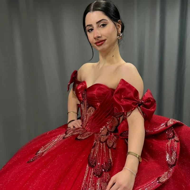 

Shiny Red Quinceanera Dresses Glitter Crystal Decal Lace layering off-shoulder Long tail Bow Vestido 15 Quinceanera Customize