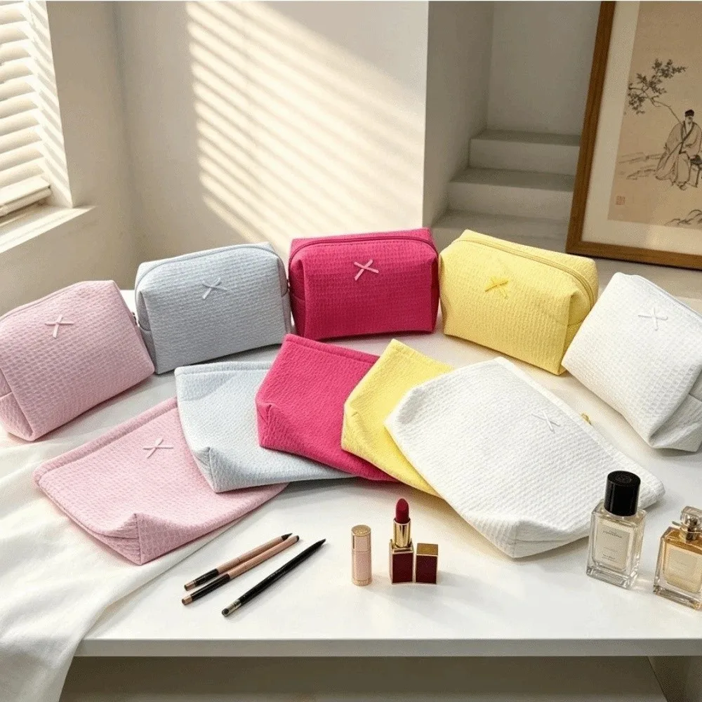 Cute Bow Decor Waffle Knit Makeup Bag Zipper Lightweight Cosmetic Bag Polyester Portable Toiletry Organizer Home