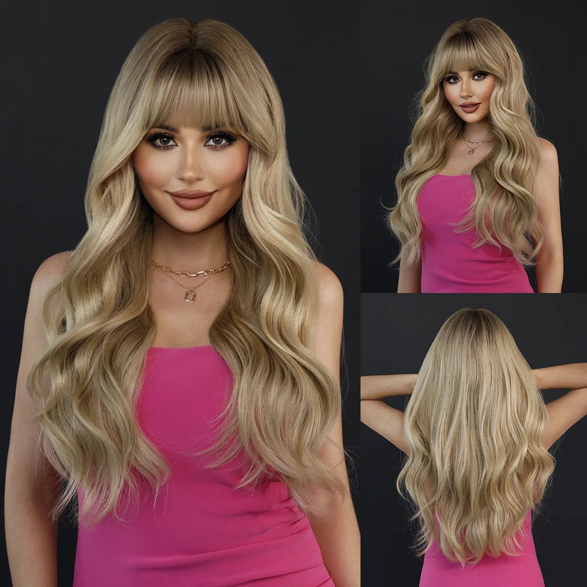 ladies milk tea blonde big waves Qi Liu Hai chemical fiber wig full head Ombre Wavy Wig