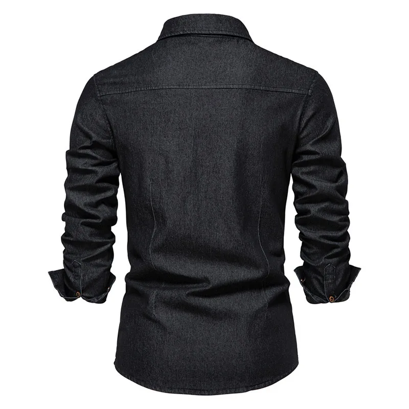 High Quality Elastic Cotton Denim Shirt Men Long Sleeve Solid Color Pocket Shirts for Men Casual Slim Fit Mens Designer Clothing