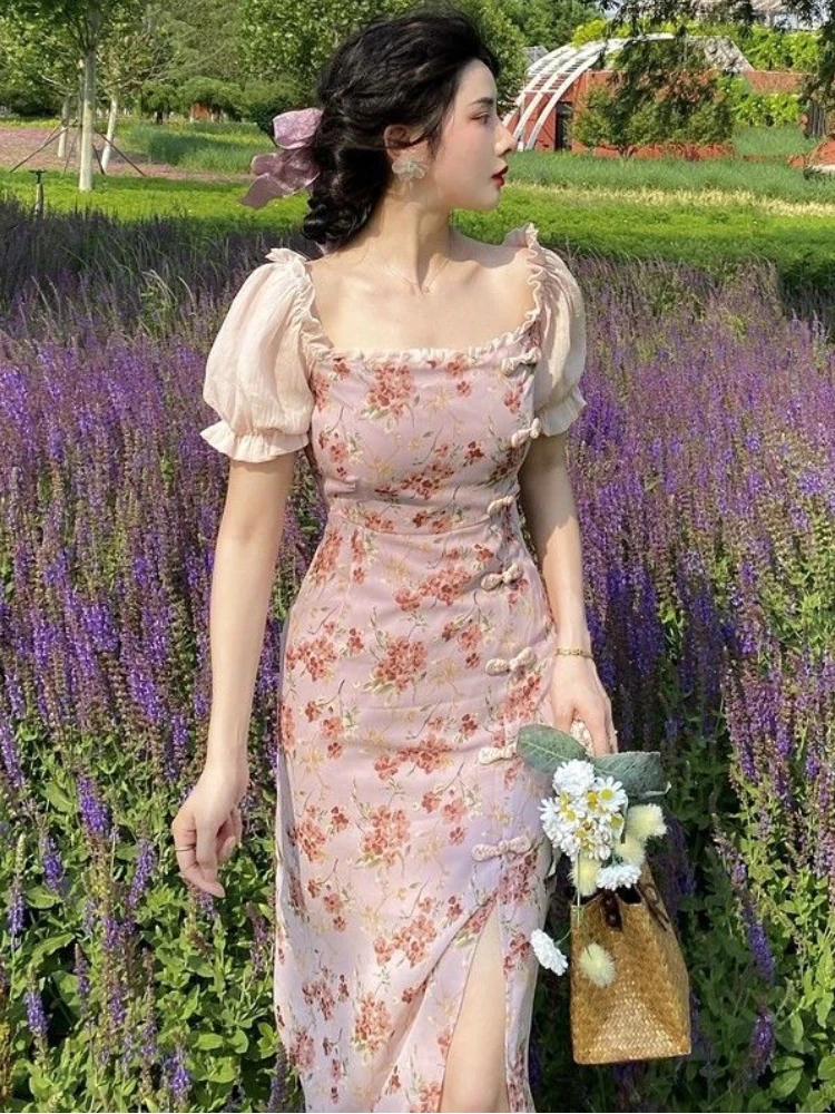 Summer Floral Sweet Dress Women Designer Split Slim Sexy Midi Dress Female Lace Embroidery Button Temperament Holiday Dress 2022