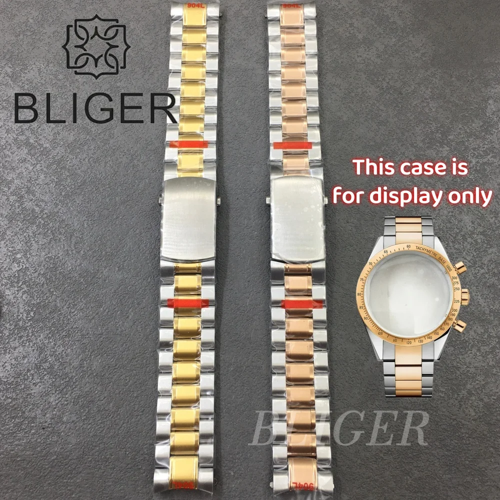 

BLIGER 20mm Two Tone Gold/Silver Rose Gold Stainless Steel Men's Watch Strap Fit 40mm VK63 Watch Case Solid Folding Buckle