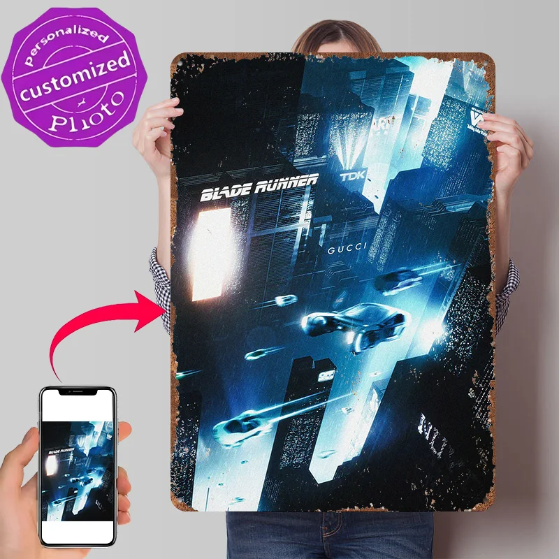 Blade Runner Futuristic Cityscape With Flying Personalized 3D Textured Metal Poster Wall Art Tinplate Sign for Vintage Decor