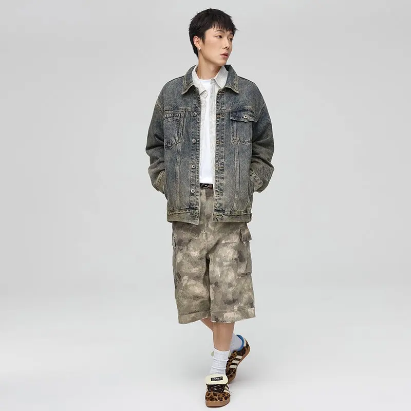 Streetwear Jeans-Oberbekleidung, Snow Wash Distressed Cargo Denim-Jacke für Männer und Frauen, Ausgewaschene Oversized Trucker-Jacke, Vintage M-5XL – Detail 2