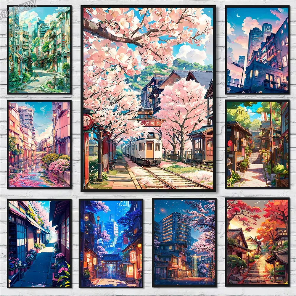 DIY Diamond Painting Japanese Street Scenery Sakura Architecture Diamond Embroidery Mosaic Cartoon Home Decor Hand Gift