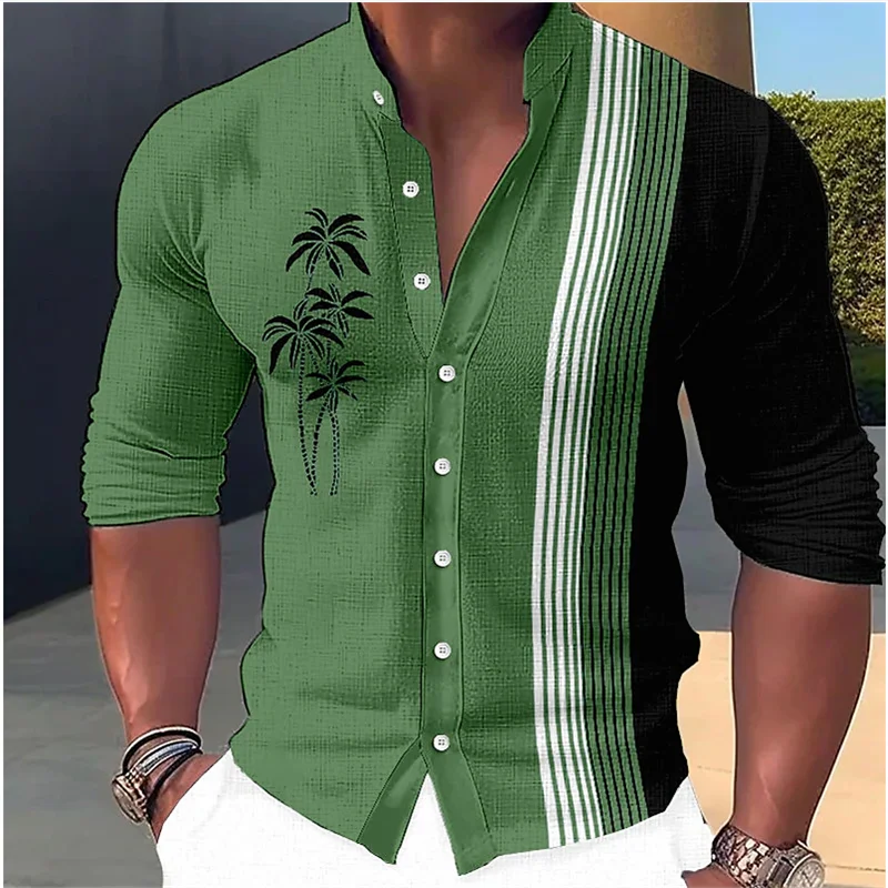 Men's lapel long sleeve 3D coconut tree print fashion loose shirt retro street long sleeve lapel cardigan shirt