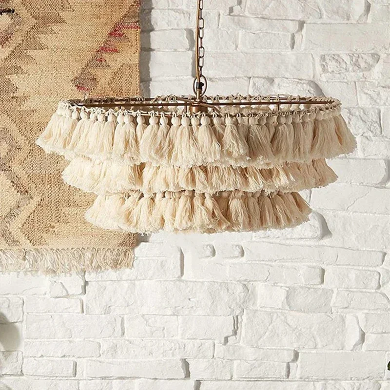 Modern Cotton Tassel Bohemian Chandelier Dining Room Home Decor Lighting Ornaments Woven Pendant Lamp Restaurant Suspension Lamp