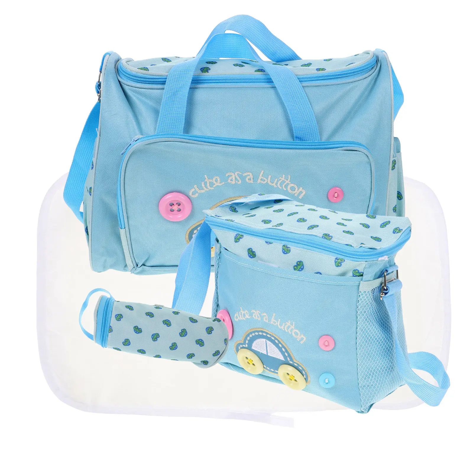 

4-in-1 Baby Diaper Bag Set Sky Blue Large Capacity Waterproof Oxford Fabric Mummy Handbag with Adjustable Strap Car Pattern