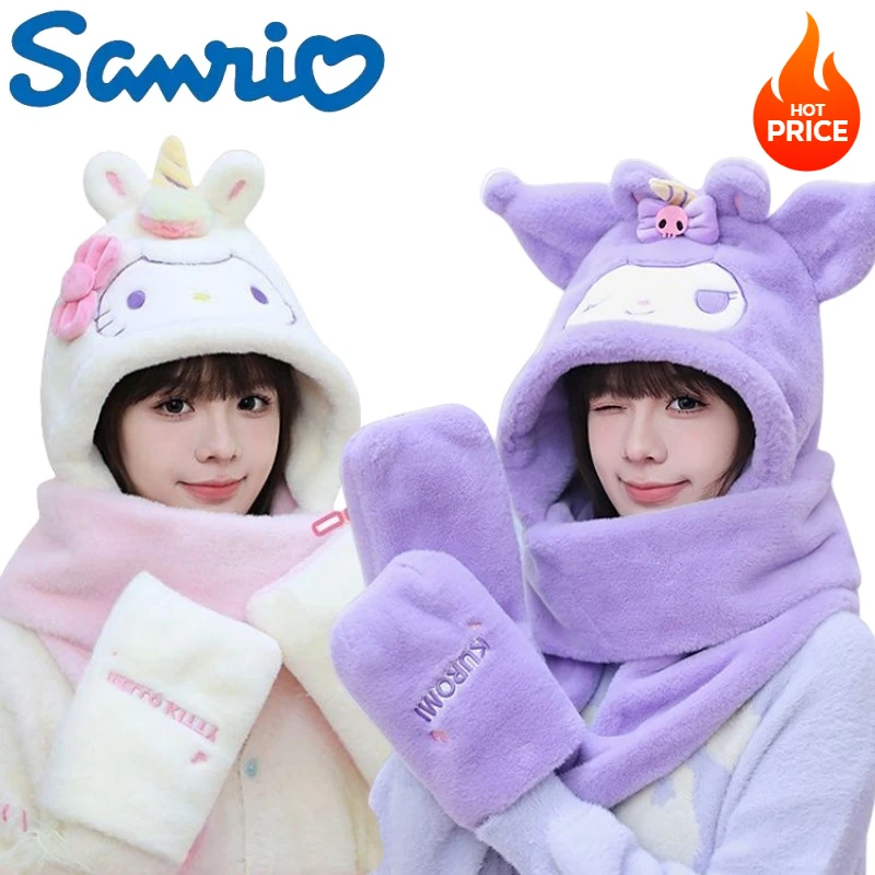 MINISO New Sanrio Three-Piece Three-Piece Set Cartoon Kuromi Hat Gloves Scarf Three-Piece Set Warm Winter Gift for Girls