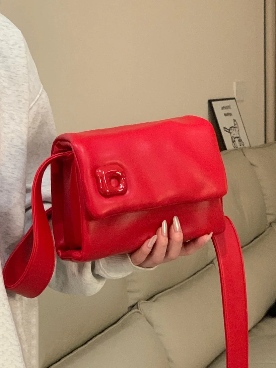 Red Soft Leather Simple Shoulder Bag Women\'s Fashion Versatile Bride Handbag Temperament Luxurious Designer Wedding Bag