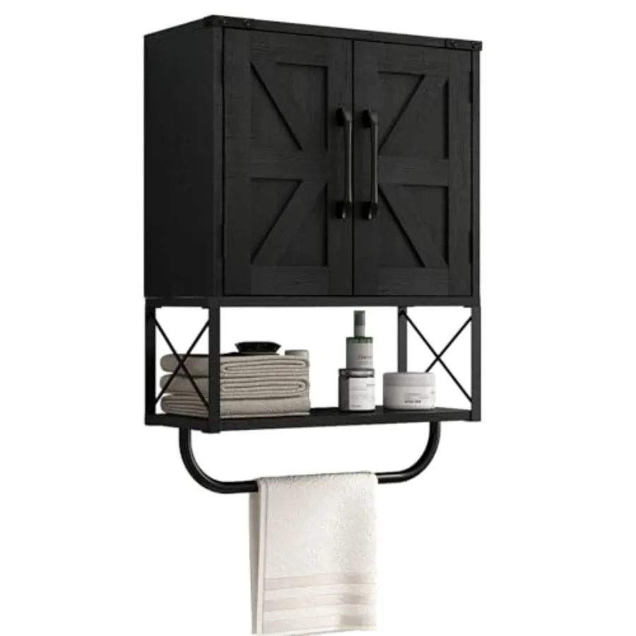 

Farmhouse Rustic Medicine Cabinet with Two Barn DoorWood Wall Mounted Storage Cabinet with Adjustable Shelf and Towel Bar 3-Tie