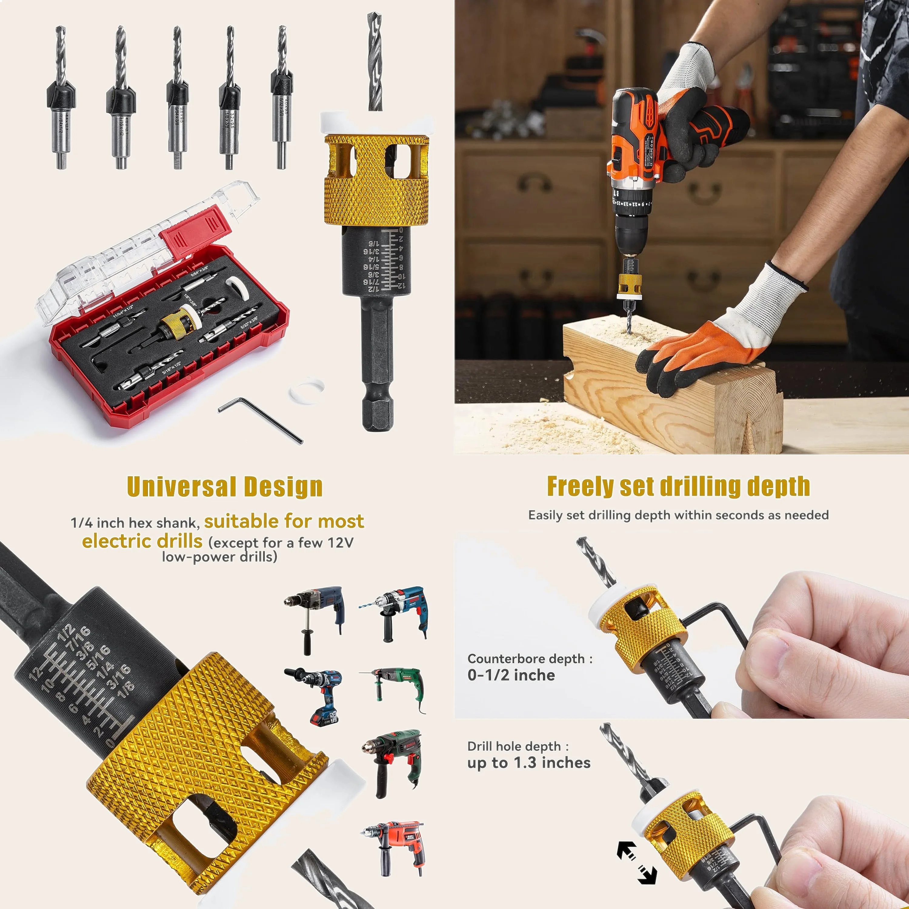 5Pcs Countersink Drill Bit Set HSS M2 Tapered Carbide Tipped with Depth Stop for Precise Drilling