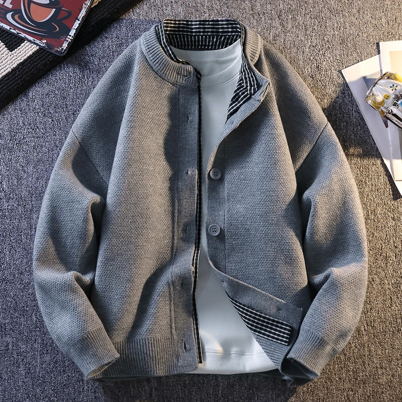 

Spring Autumn Knitted Sweater Coat Men's round Ne Button up Jaet Heavy Weight Casual Sle Long Sve Stand Fit Jaet