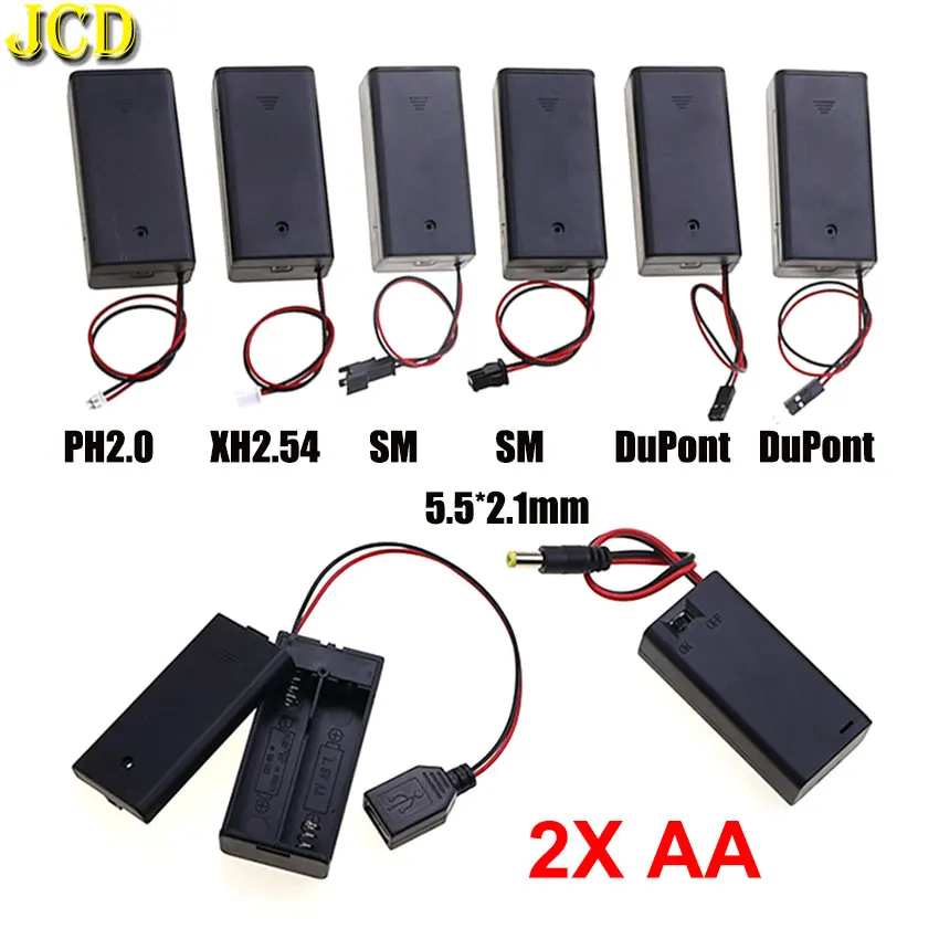 JCD AA Battery Box With PH2.0 XH2.54 Dupont SM USB DC 5.5x2.1mm Plug Terminal Leadwire AA 2X Slot Battery Holder Case W/ Switch