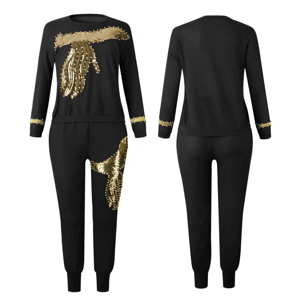 

Африканские комплекты для женщин, 2025 г., с длинным рукавом, расшитые бисером и блестками, африканские эластичные мешковатые брюки-базен, в стиле рок, Дашики, знаменитый костюм для женщин