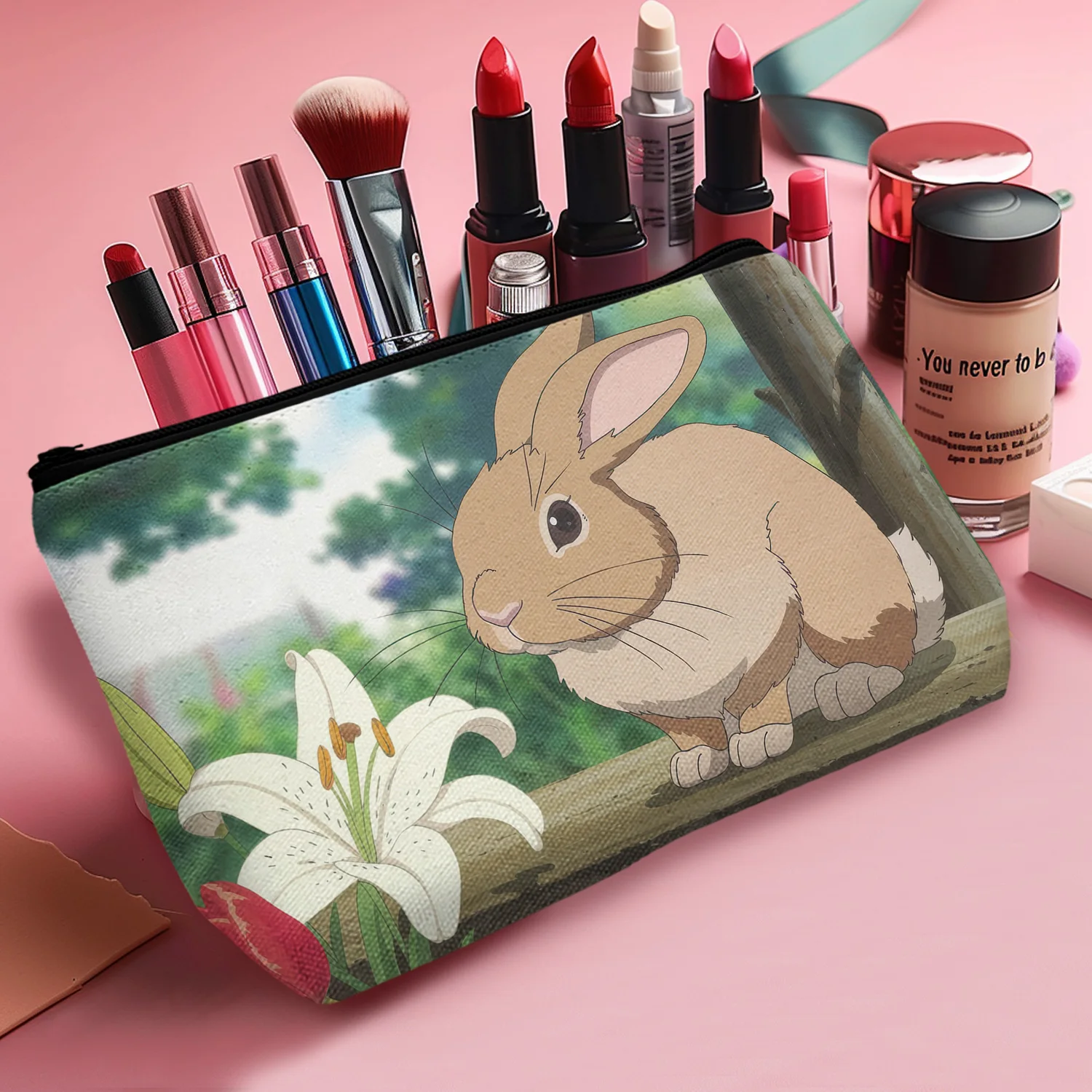 1Pc Easter Bunny And Tulips Makeup Bag Versatile Organizer For Travel School Supplies Durable Hand Washable Garden 8.66X5.51Inch