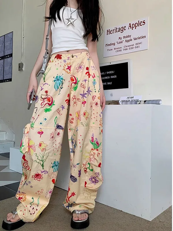 American graffiti floral print casual workwear pants, summer new high-end design, high waisted loose floor mopping pants EKUO