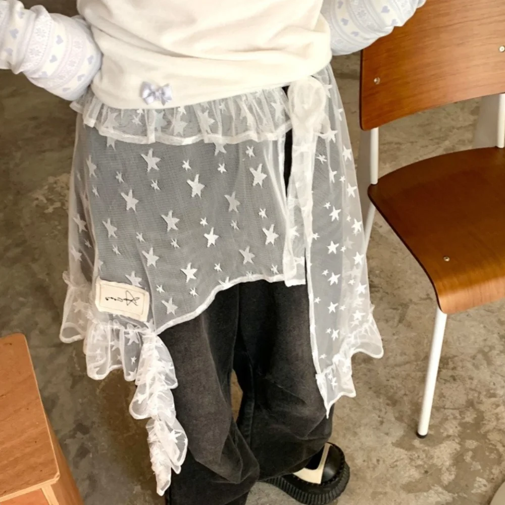 แฟชั่นStar Lace Miniกระโปรงสไตล์ญี่ปุ่นเอวสูงกระโปรงFairy Faldas Lace-Up Ruffled EdgeกระโปรงStreetwear