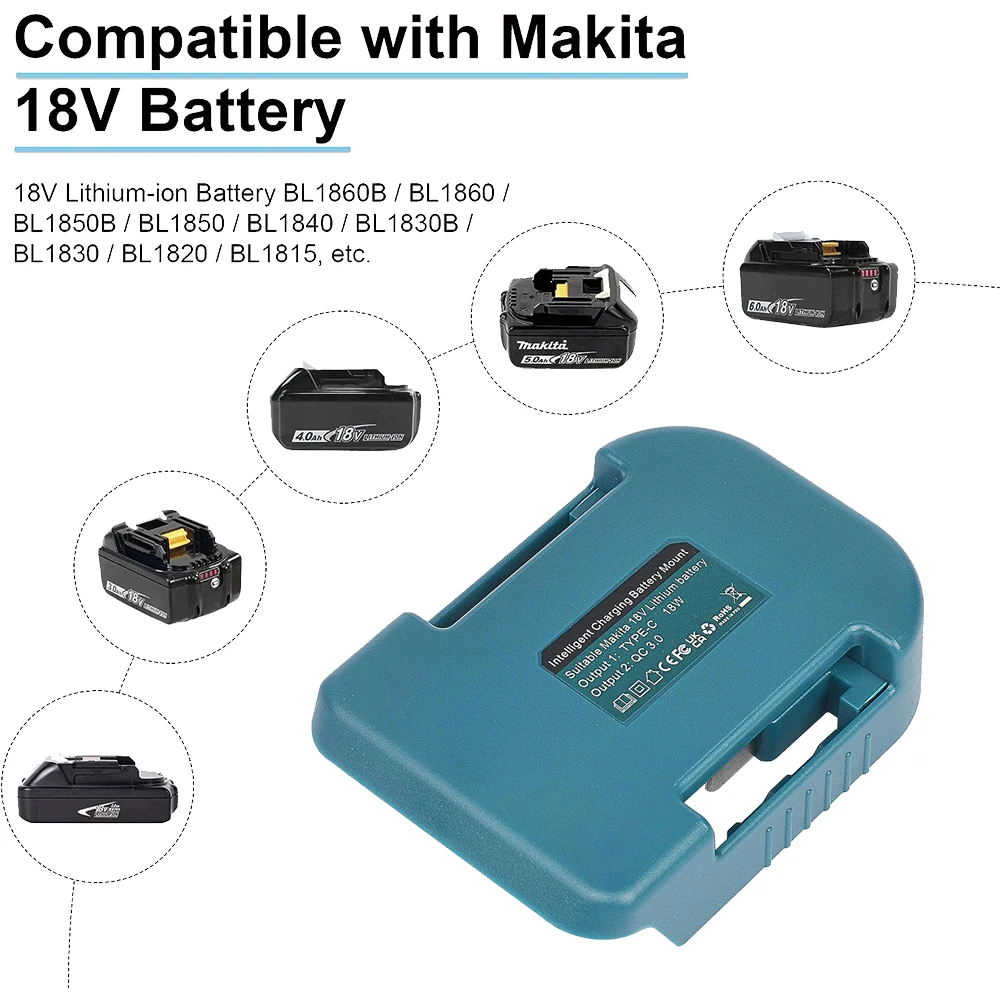 Adapter with dual output interface for Makita 18V 14V battery BL1860 batteries onvert to power bank fast charging Portable rack