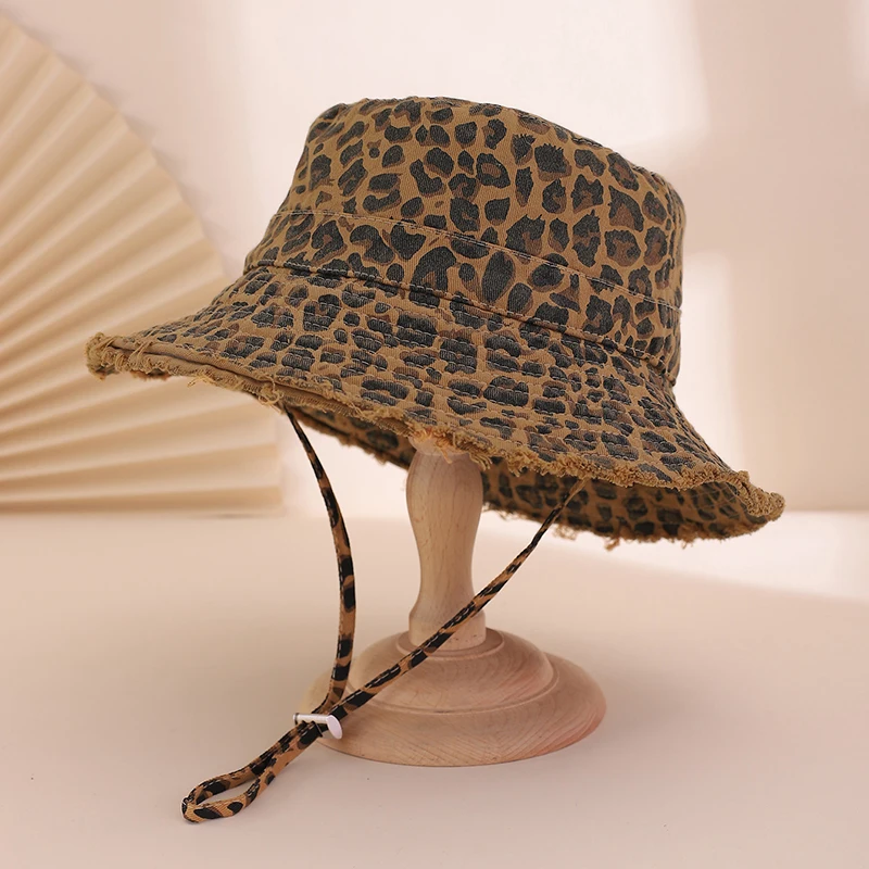 Korean Retro and Fashionable Leopard Print Fisherman Hat, Casual and Versatile, Adjustable Frilled Brim with Rope Basin Hat