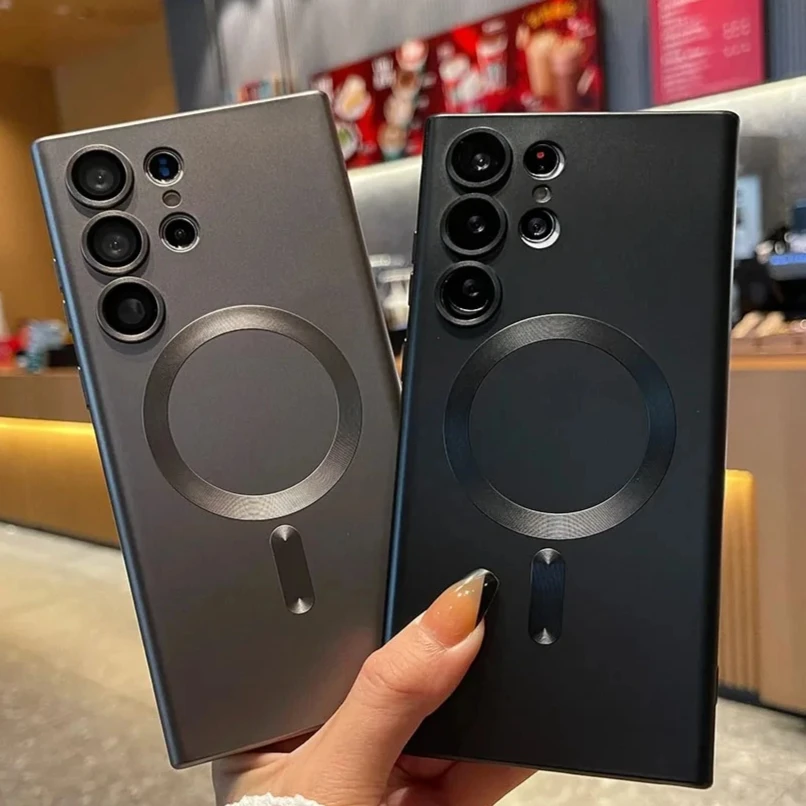 

For Magsafe Luxury Magnetic Cases For Samsung Galaxy S25 S24 Ultra S23 Plus S21 FE Wireless Charging Matte Case With Lens Cover