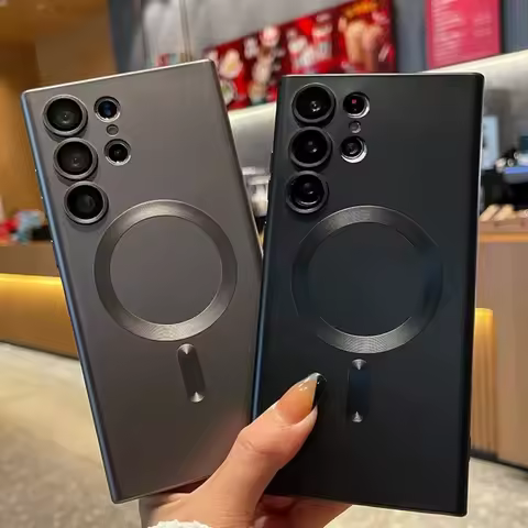 For Magsafe Luxury Magnetic Cases For Samsung Galaxy S25 S24 Ultra S23 Plus S21 FE Wireless Charging Matte Case With Lens Cover