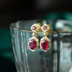 Original New Ruby Silver Set Diamond Oval Women's Earrings Vintage Classic Shiny Engagement Wedding Luxury Jewelry