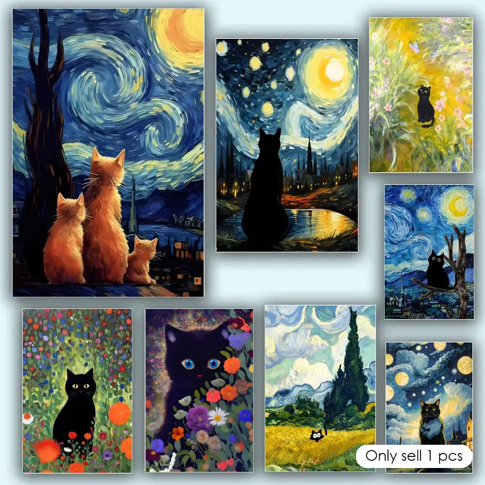Famous Artworks The Starry Night Black Cat Funny Poster Aesthetic HD PVC Wall Art - Waterproof Wear Resistant For Home Hotel Bar