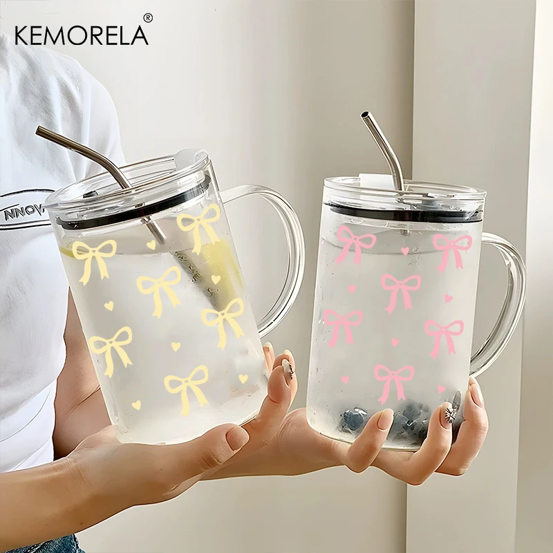 1PCS 1000ML Bow-Knot Glass with Lid and Straw Handle High Borosilicate Glass Water Cup Coffee Cup Summer Winter Drinkware