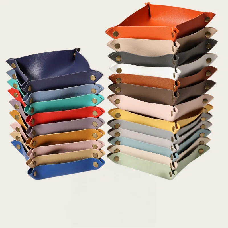 1Pc Colorful Foldable PU Leather Storage Box Desktop Tray Organizer for Jewelry Phone Key Wallet Coin