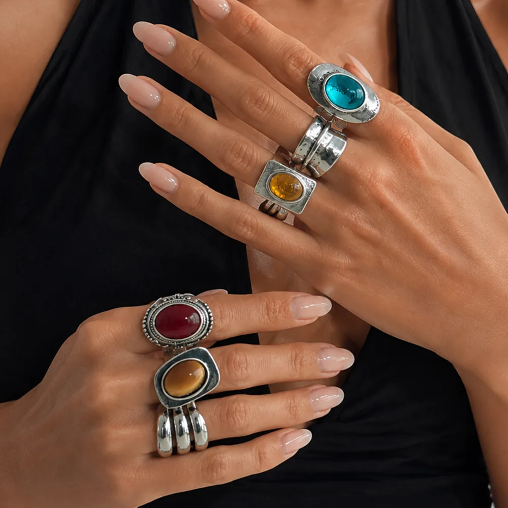 Ingemark 6 Pcs/Set Vintage Colorful Acrylic Chunky Ring for Women Ethnic Style Geometric Stackable Knuckle Ring Party Jewelry