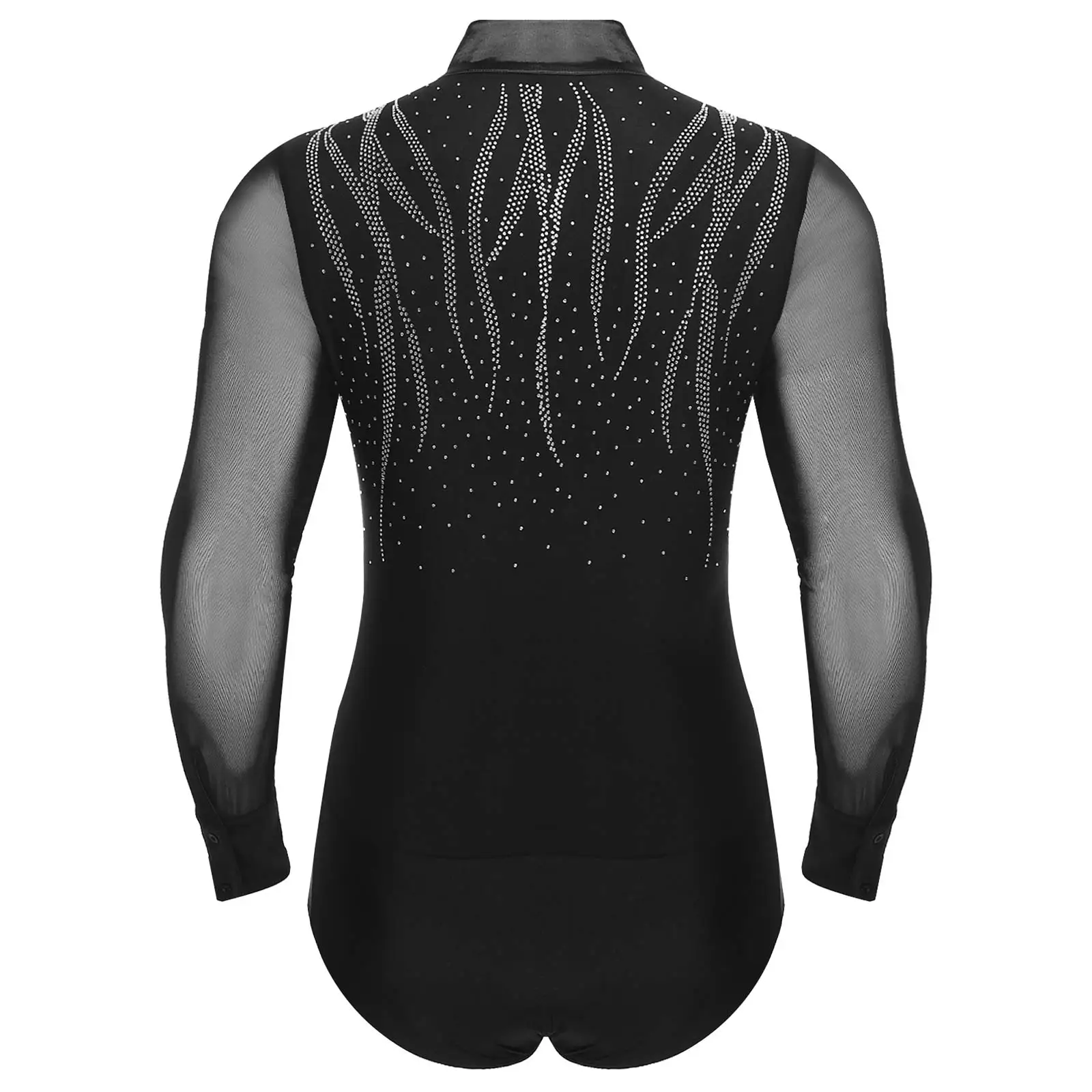 Mens Gymnastics Figure Skating Leotard Bodysuit Shirt Tops Shiny Rhinestone Latin Jazz Dance Ballroom Tango Rumba Dancewear