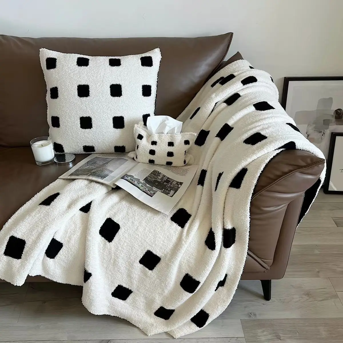 Soft Plush Black White Geometric Square Throw Blanket Pillow Cover Tissue Box Set For Sofa Couch Bed Living Room Home Decor Cozy