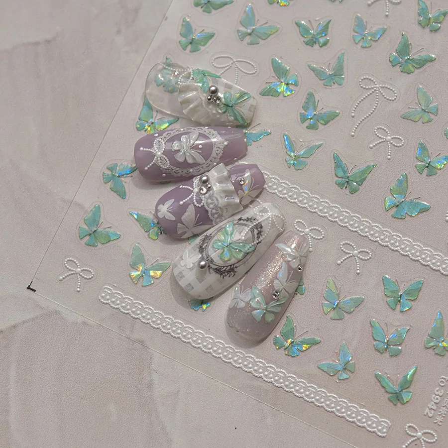 Shing Shell Light Green Butterfly Nail Stickers High Quality Korean Style Adhesive Stickers Nail Art Decoration 1 Sheet