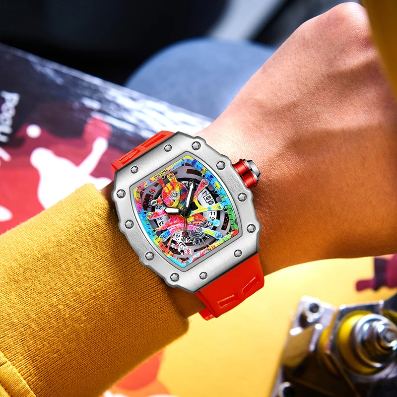 Hollowed-out Case Men Mechanics Watch Waterproof Silicone Band Barrel Shaped Dial Graffiti Luminous Pointer Man Wristwatches