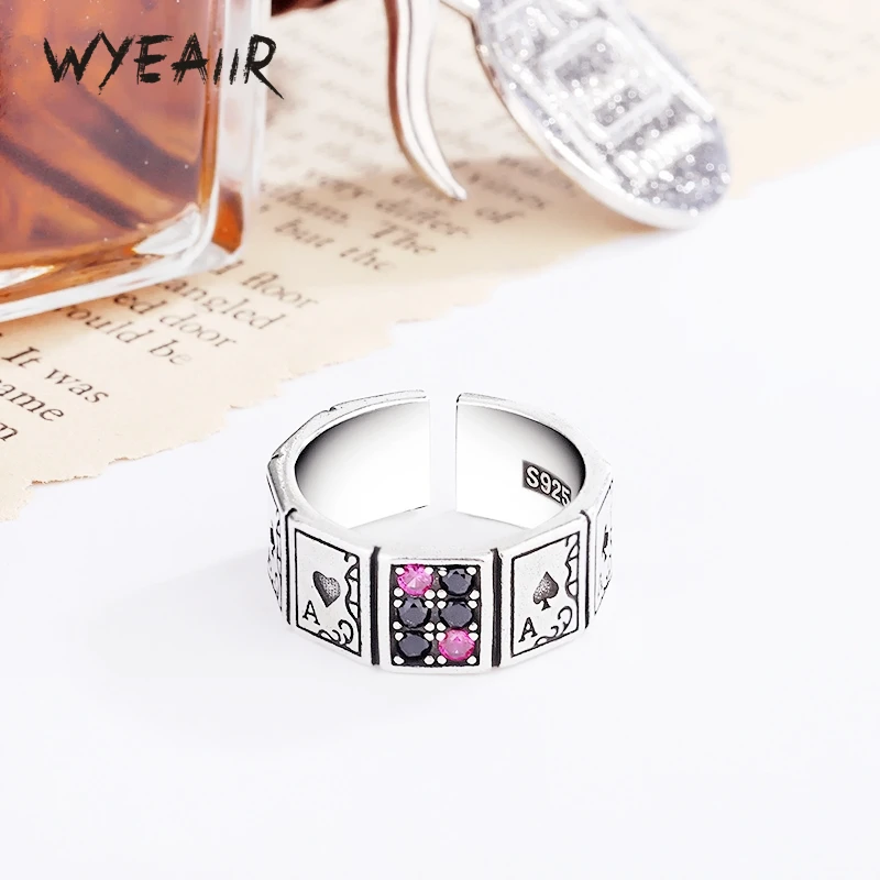 WYEAIIR 925 Sterling Silver Retro Zircon Playing Cards Good Luck Resizable Opening Ring For Women Luxury Jewelry